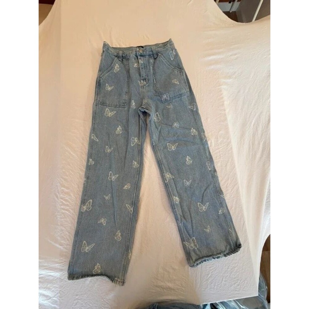 Simple Society Womens Size 7/28 Butterfly Print High Rise Wide Leg Jeans Light W